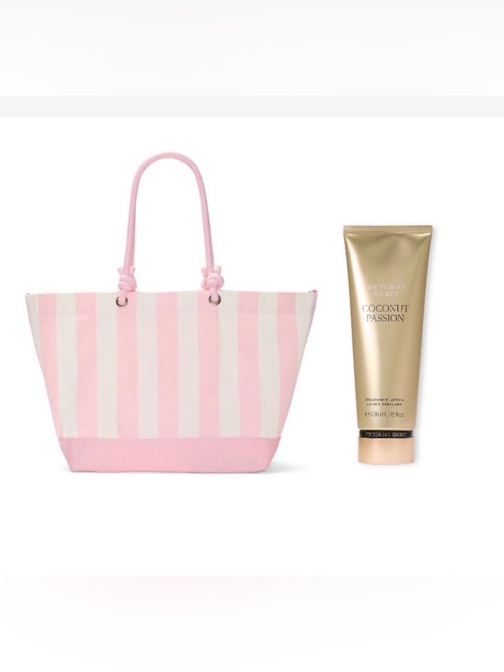 Victoria's Secret Pink and White Striped Tote with Coconut Passion Lotion